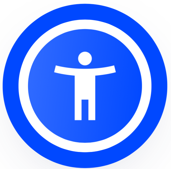 Blue circular icon with a white figure standing with arms outstretched inside a white ring, symbolising accessibility.