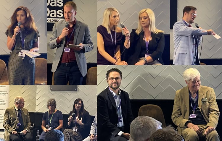 A collage of speakers and panellists at the Accessible Hospitality Forum. The images show various people speaking into microphones or engaged in discussion on stage. The background includes a white textured wall and signage. Attendees wear name badges and purple lanyards. The event has a professional but relaxed atmosphere.