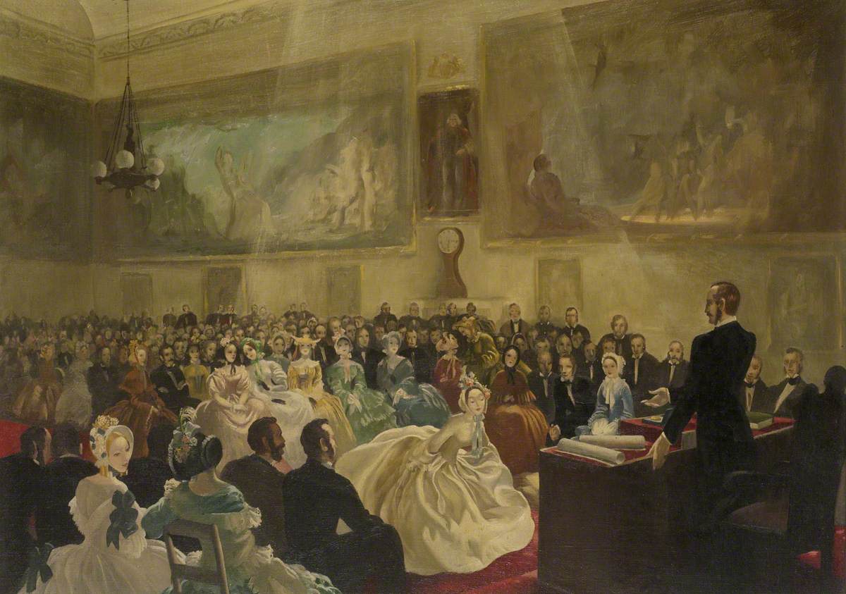 The Prince Consort, President of the Society of Arts, Presenting Medals in the Society’s Hall in 1849, by Anna Zinkeisen. A formal audience in a grand hall listens to a speaker at a lectern in a ceremonial, hierarchical setting.