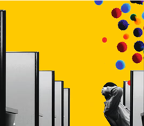 Headline reading ‘I was terrified of the tea round’: the small changes that can help neurodivergent people thrive at work, above an illustration of office cubicles and a person holding their head, with colourful dots against a yellow background