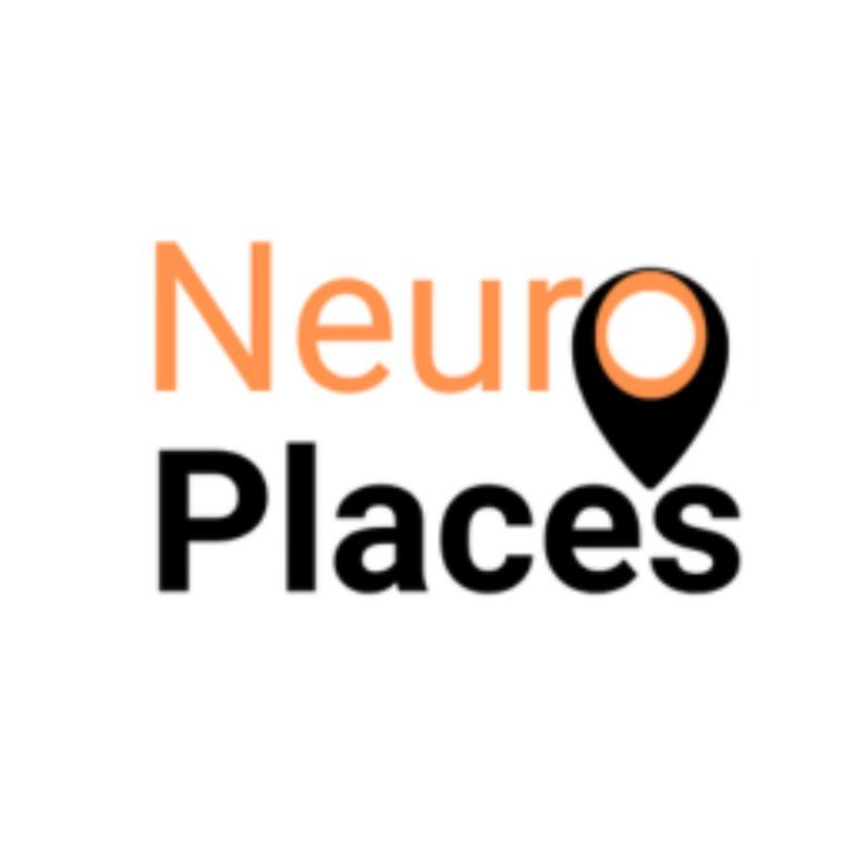 NeuroPlaces logo in orange and black, with a map pin forming the letter “o” against a pale grey background.